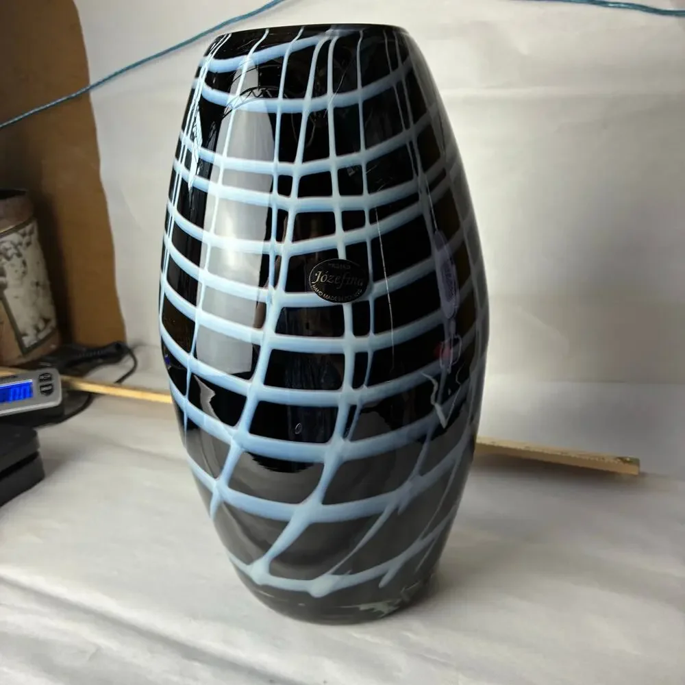 Józefina Krosno Hand Blown Glass Vase Poland Black White Lattice Grid Art READ